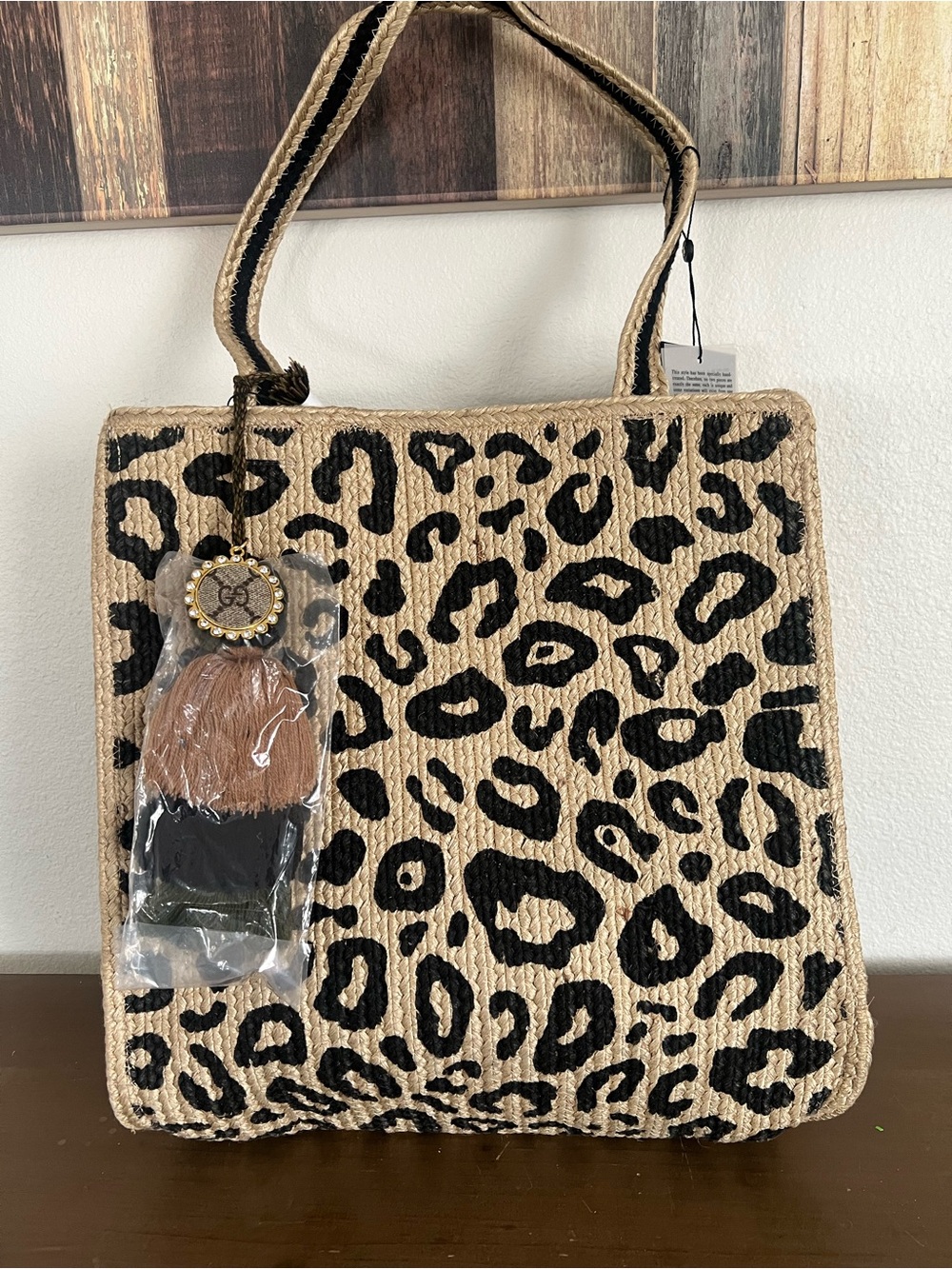 America and beyond Leopard Print Raffia Tote Bag - Natural/Black